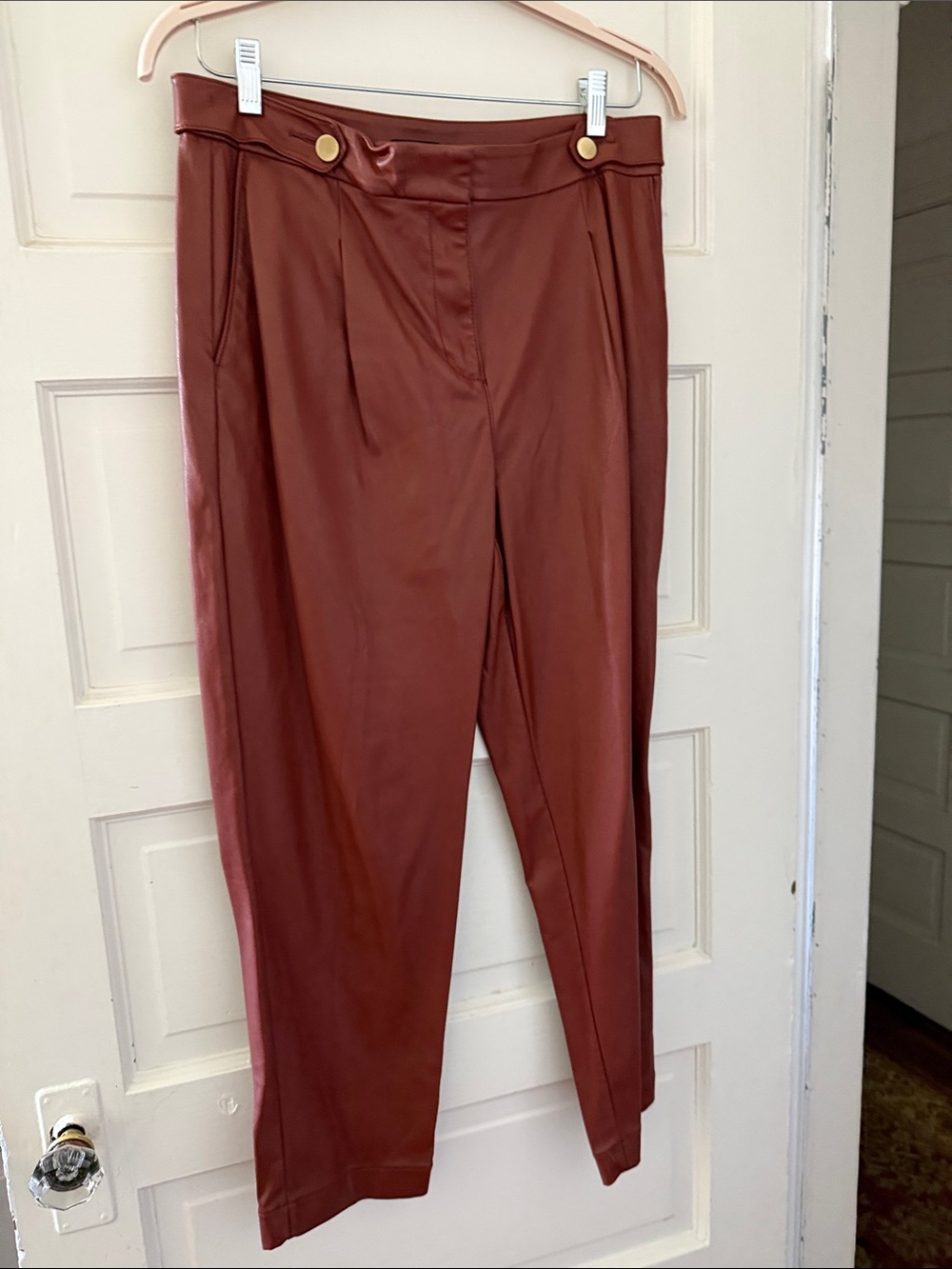 LOFT Faux Leather High-Waist Tapered Pants in Rust/Brown